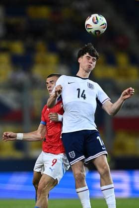 Fußball, U21 EM, Tschechien - England Mg Dunajska 12 06 2025 - Europeo U21, U 21 Repubblica Ceca-Inghilterra foto Michele Finessi Image nella foto: Archie Gray-Vaclav Sejk 