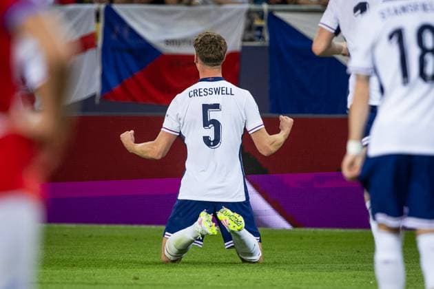 CZECHIA U21, U 21 - ENGLAND U21 Charlie Cresswell of England celebrates a goal during the UEFA European Under-21 Championship 2025 Group B football match between Czechia U21 and England U21. Stadium DAC Arena (Mol Arena), Dunajska Streda, Slovakia, June 12, 2025. Photo by Branislav Racko Copyright: xx 080A7291
