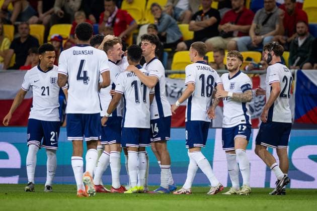 CZECHIA U21, U 21 - ENGLAND U21 Players of England Jarell Quansah, Samuel Iling Junior, Jay Stansfield, Samuel Iling Junior, Alex Scott celebrate during the UEFA European Under-21 Championship 2025 Group B football match between Czechia U21 and England U21. Stadium DAC Arena (Mol Arena), Dunajska Streda, Slovakia, June 12, 2025. Photo by Branislav Racko Copyright: xx 080A7326