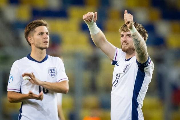CZECHIA U21, U 21 - ENGLAND U21 Harvey Elliott, James McAtee of England during the UEFA European Under-21 Championship 2025 Group B football match between Czechia U21 and England U21. Stadium DAC Arena (Mol Arena), Dunajska Streda, Slovakia, June 12, 2025. Photo by Branislav Racko Copyright: xx 080A7819