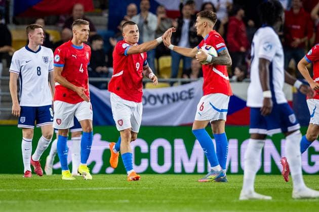 CZECHIA U21, U 21 - ENGLAND U21 Vaclav Sejk, Martin Suchomel, Patrik Vydra of Czechia celebrate a goal during the UEFA European Under-21 Championship 2025 Group B football match between Czechia U21 and England U21. Stadium DAC Arena (Mol Arena), Dunajska Streda, Slovakia, June 12, 2025. Photo by Branislav Racko Copyright: xx 080A6855