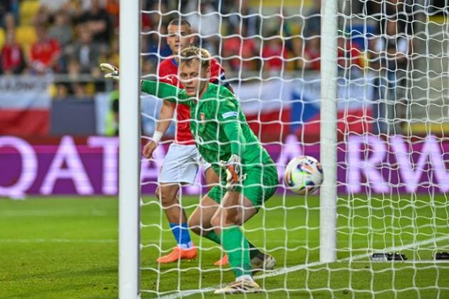 Goalkeeper Lukas Hornicek (CZE) receives a goal during the European Under-21 Championship Group B match Czech Republic vs England, Dunajska Streda, Slovakia, June 12, 2025. (CTKxPhoto VaclavxSalek) CTKPhotoP2025061209934  CTKPhotoP2025061209934