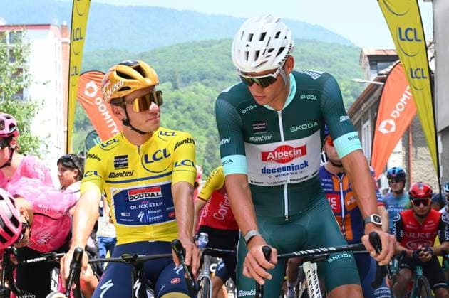 Criterium du Dauphine 2025 Stage 6 COMBLOUX, FRANCE - JUNE 13 : Evenepoel Remco (BEL) of Soudal - Quick Step and Van Der Poel Mathieu (NED) of Alpecin - Deceuninck during stage 6 of the 77th edition of Criterium du Dauphine Libere an UCI World Tour 2.UWT cycling road race stage for Men Elite of 126.7 km with start in Valserhone and finish in Combloux on June 13, 2025 in Combloux, France, 13 06 2025 ( Motordriver Kenny Verfaillie - Combloux France  Copyright: xVincentxKalutx