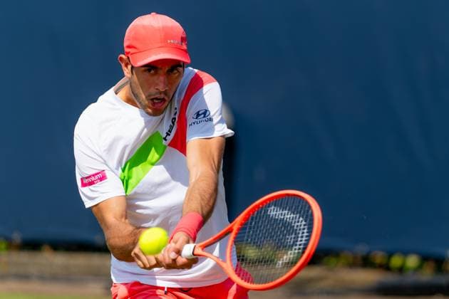 2025-06-13 2025 Libema Open Grass Court Championships ROSMALEN, NETHERLANDS - JUNE 13: Nuno Borges of Portugal in action during Day Five of 2025 Libema Open Grass Court Championships at Autotron on June 13, 2025 in Rosmalen, Netherlands. Rosmalen Autotron Netherlands Content not available for redistribution in The Netherlands directly or indirectly through any third parties. Copyright: xJorisxVerwijstx