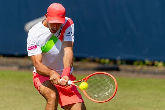 2025-06-13 2025 Libema Open Grass Court Championships ROSMALEN, NETHERLANDS - JUNE 13: Nuno Borges of Portugal in action during Day Five of 2025 Libema Open Grass Court Championships at Autotron on June 13, 2025 in Rosmalen, Netherlands. Rosmalen Autotron Netherlands Content not available for redistribution in The Netherlands directly or indirectly through any third parties. Copyright: xJorisxVerwijstx