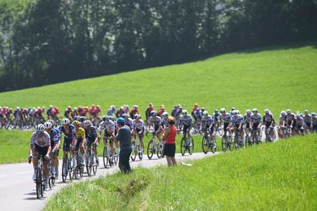Criterium du Dauphine 2025 Stage 6 COMBLOUX, FRANCE - JUNE 13 : illustration picture peloton during stage 6 of the 77th edition of Criterium du Dauphine Libere an UCI World Tour 2.UWT cycling road race stage for Men Elite of 126.7 km with start in Valserhone and finish in Combloux on June 13, 2025 in Combloux, France, 13 06 2025 ( Motordriver Kenny Verfaillie - Combloux France  Copyright: xVincentxKalutx