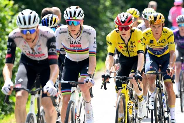 Criterium du Dauphine 2025 Stage 6 COMBLOUX, FRANCE - JUNE 13 : Wellens Tim (BEL) of UAE Team Emirates - XRG, Pogacar Tadej (SLO) of UAE Team Emirates - XRG, Vingegaard Jonas (DEN) of Team Visma - Lease a Bike, Evenepoel Remco (BEL) of Soudal - Quick Step during stage 6 of the 77th edition of Criterium du Dauphine Libere an UCI World Tour 2.UWT cycling road race stage for Men Elite of 126.7 km with start in Valserhone and finish in Combloux on June 13, 2025 in Combloux, France, 13 06 2025 ( Motordriver Kenny Verfaillie - Combloux France  Copyright: xVincentxKalutx