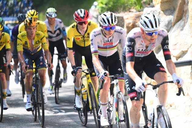 Criterium du Dauphine 2025 Stage 6 COMBLOUX, FRANCE - JUNE 13 : Wellens Tim (BEL) of UAE Team Emirates - XRG, Pogacar Tadej (SLO) of UAE Team Emirates - XRG, Vingegaard Jonas (DEN) of Team Visma - Lease a Bike, Evenepoel Remco (BEL) of Soudal - Quick Step during stage 6 of the 77th edition of Criterium du Dauphine Libere an UCI World Tour 2.UWT cycling road race stage for Men Elite of 126.7 km with start in Valserhone and finish in Combloux on June 13, 2025 in Combloux, France, 13 06 2025 ( Motordriver Kenny Verfaillie - Combloux France  Copyright: xVincentxKalutx