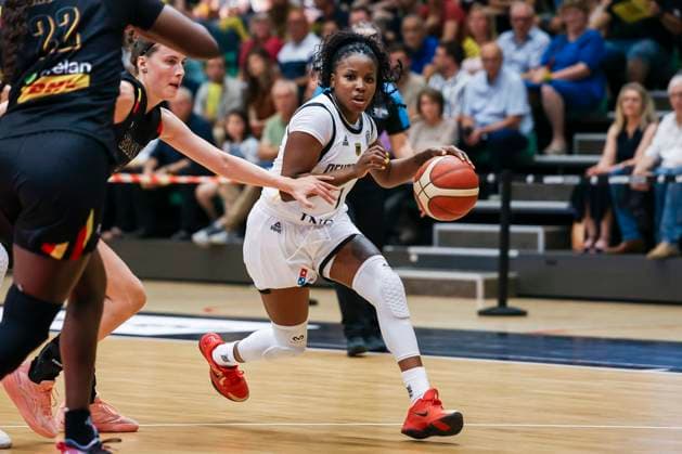 Basketball Damen Testspiel: Belgien-Deutschland; 12.06.2025 Alexis Peterson (Deutschland, 1) am Ball Basketball Damen Testspiel: Belgien-Deutschland; Löwen, Sportoase am 12.06.2025 Copyright: xBEAUTIFULxSPORTS Freisenx