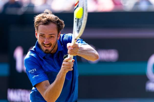 2025-06-13 2025 Libema Open Grass Court Championships ROSMALEN, NETHERLANDS - JUNE 13: Daniil Medvedev of Russia in action during Day Five of 2025 Libema Open Grass Court Championships at Autotron on June 13, 2025 in Rosmalen, Netherlands. Rosmalen Autotron Netherlands Content not available for redistribution in The Netherlands directly or indirectly through any third parties. Copyright: xJorisxVerwijstx