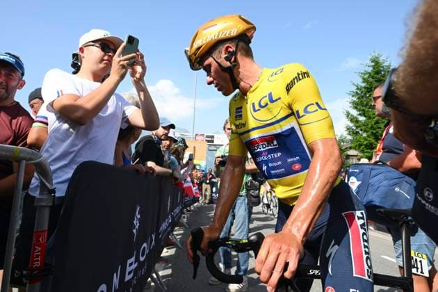 Criterium du Dauphine 2025 Stage 6 COMBLOUX, FRANCE - JUNE 13 : Evenepoel Remco (BEL) of Soudal - Quick Step after stage 6 of the 77th edition of Criterium du Dauphine Libere an UCI World Tour 2.UWT cycling road race stage for Men Elite of 126.7 km with start in Valserhone and finish in Combloux on June 13, 2025 in Combloux, France, 13 06 2025 ( Motordriver Kenny Verfaillie - Combloux France  Copyright: xVincentxKalutx