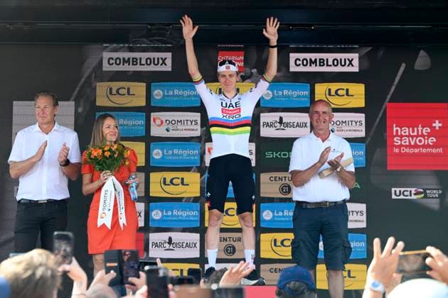 Criterium du Dauphine 2025 Stage 6 COMBLOUX, FRANCE - JUNE 13 : Pogacar Tadej (SLO) of UAE Team Emirates - XRG pictured during the podium ceremony of stage 6 of the 77th edition of Criterium du Dauphine Libere an UCI World Tour 2.UWT cycling road race stage for Men Elite of 126.7 km with start in Valserhone and finish in Combloux on June 13, 2025 in Combloux, France, 13 06 2025 ( Motordriver Kenny Verfaillie - Combloux France  Copyright: xVincentxKalutx