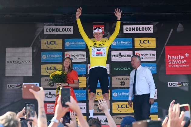 Criterium du Dauphine 2025 Stage 6 COMBLOUX, FRANCE - JUNE 13 : Pogacar Tadej (SLO) of UAE Team Emirates - XRG pictured with the yellow jersey during the podium ceremony of stage 6 of the 77th edition of Criterium du Dauphine Libere an UCI World Tour 2.UWT cycling road race stage for Men Elite of 126.7 km with start in Valserhone and finish in Combloux on June 13, 2025 in Combloux, France, 13 06 2025 ( Motordriver Kenny Verfaillie - Combloux France  Copyright: xVincentxKalutx