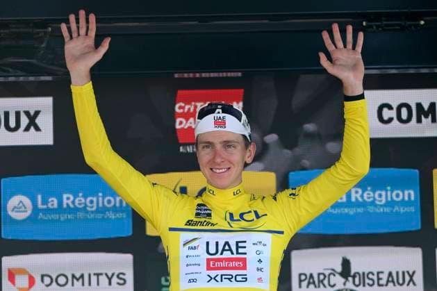Criterium du Dauphine 2025 Stage 6 COMBLOUX, FRANCE - JUNE 13 : Pogacar Tadej (SLO) of UAE Team Emirates - XRG pictured with the yellow jersey during the podium ceremony of stage 6 of the 77th edition of Criterium du Dauphine Libere an UCI World Tour 2.UWT cycling road race stage for Men Elite of 126.7 km with start in Valserhone and finish in Combloux on June 13, 2025 in Combloux, France, 13 06 2025 ( Motordriver Kenny Verfaillie - Combloux France  Copyright: xVincentxKalutx