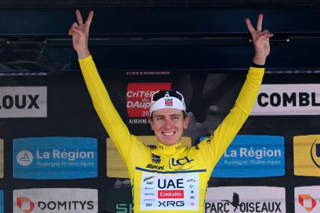 Criterium du Dauphine 2025 Stage 6 COMBLOUX, FRANCE - JUNE 13 : Pogacar Tadej (SLO) of UAE Team Emirates - XRG pictured with the yellow jersey during the podium ceremony of stage 6 of the 77th edition of Criterium du Dauphine Libere an UCI World Tour 2.UWT cycling road race stage for Men Elite of 126.7 km with start in Valserhone and finish in Combloux on June 13, 2025 in Combloux, France, 13 06 2025 ( Motordriver Kenny Verfaillie - Combloux France  Copyright: xVincentxKalutx