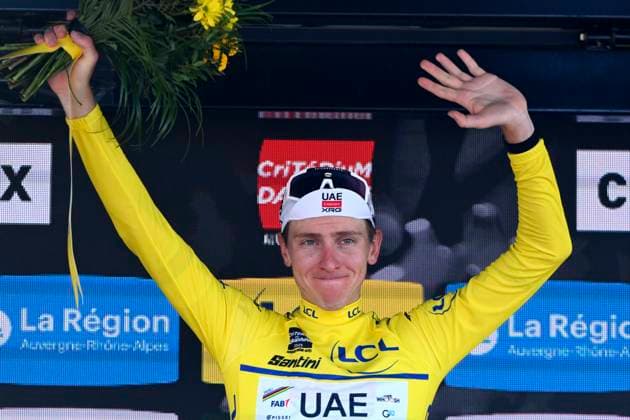Criterium du Dauphine 2025 Stage 6 COMBLOUX, FRANCE - JUNE 13 : Pogacar Tadej (SLO) of UAE Team Emirates - XRG pictured with the yellow jersey during the podium ceremony of stage 6 of the 77th edition of Criterium du Dauphine Libere an UCI World Tour 2.UWT cycling road race stage for Men Elite of 126.7 km with start in Valserhone and finish in Combloux on June 13, 2025 in Combloux, France, 13 06 2025 ( Motordriver Kenny Verfaillie - Combloux France  Copyright: xVincentxKalutx