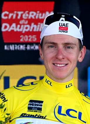 Criterium du Dauphine 2025 Stage 6 COMBLOUX, FRANCE - JUNE 13 : Pogacar Tadej (SLO) of UAE Team Emirates - XRG pictured with the yellow jersey during the podium ceremony of stage 6 of the 77th edition of Criterium du Dauphine Libere an UCI World Tour 2.UWT cycling road race stage for Men Elite of 126.7 km with start in Valserhone and finish in Combloux on June 13, 2025 in Combloux, France, 13 06 2025 ( Motordriver Kenny Verfaillie - Combloux France  Copyright: xVincentxKalutx