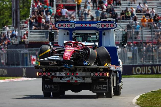 F1 - CANADIAN GRAND PRIX 2025 16 LECLERC Charles (mco), Scuderia Ferrari SF-25, action crash, accident, during the Formula 1 Pirelli Grand Prix du Canada 2025, 10th round of the 2025 FIA Formula One World Championship, WM, Weltmeisterschaft from June 14 to 16, 2025 on the Circuit Gilles Villeneuve, in Montrà al, Canada - Montrà alCanada Copyright: xFLORENTxGOODENx