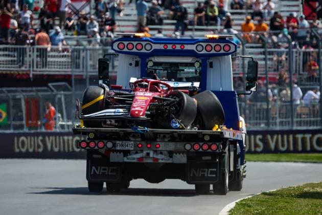 F1 - CANADIAN GRAND PRIX 2025 16 LECLERC Charles (mco), Scuderia Ferrari SF-25, action crash, accident, during the Formula 1 Pirelli Grand Prix du Canada 2025, 10th round of the 2025 FIA Formula One World Championship, WM, Weltmeisterschaft from June 14 to 16, 2025 on the Circuit Gilles Villeneuve, in Montrà al, Canada - Montrà alCanada Copyright: xFLORENTxGOODENx