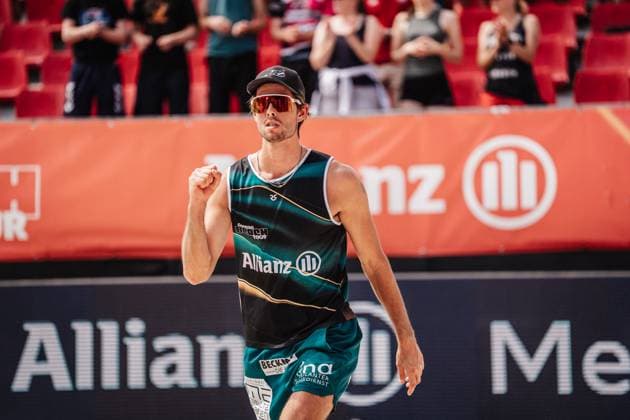 Beachvolleyball Männer Allianz German Beach Tour 2025 Tourstop Bremen 13.06.2025 Niklas Held jubelt Bremen Waterfront Bremen Deutschland