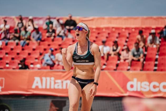 Beachvolleyball Frauen Allianz German Beach Tour 2025 Tourstop Bremen 13.06.2025 Anna Behlen jubelt Bremen Waterfront Bremen Deutschland