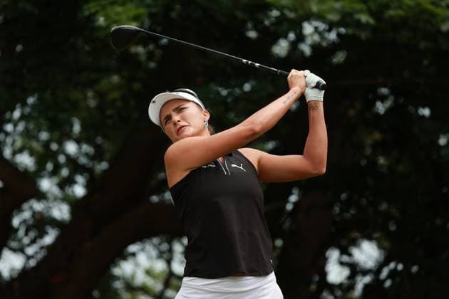 Meijer LPGA, Golf Damen Classic BELMONT, MICHIGAN-JUNE 13: Lexi Thompson of the United States plays her tee shot on the 4th hole during the second round of the Meijer LPGA Classic for Simply Give golf tournament at Blythefield Country Club in Belmont, MI, USA Friday, June 13, 2025. Belmont Michigan United States  Copyright: xJorgexLemusx originalFilename:lemus-meijerlp250613_npUw9.jpg