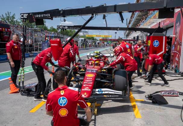 June 13, 2025, Montreal, Qc, CANADA: The pit crew tends to the car of Ferrari driver Lewis Hamilton, of the United Kingdom, during the first practice session at the Canadian Grand Prix in Montreal, Friday, June 13, 2025. Canada News - June 13, 2025 - ZUMAc35_ 20250613_zaf_c35_109 Copyright: xChristinnexMuschix