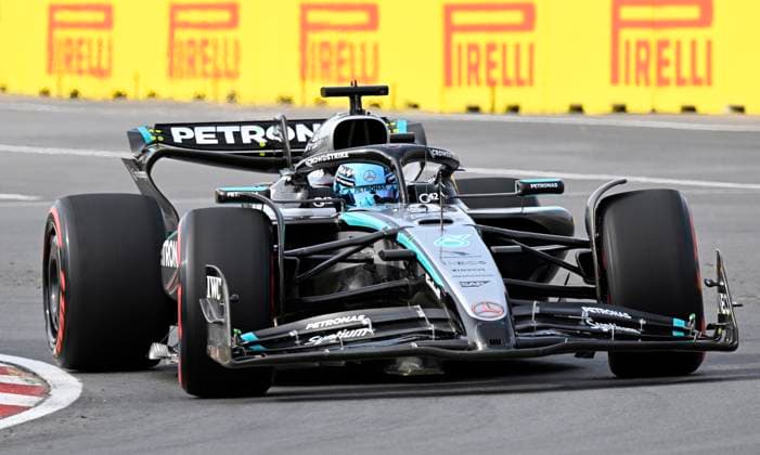 June 13, 2025, Montreal, Qc, CANADA: Mercedes driver George Russell of the United Kingdom, drives during the second practice session at the Canadian Grand Prix Friday, June 13, 2025 in Montreal. George Russell  - ZUMAc35_ 20250613_zaf_c35_139 Copyright: xJacquesxBoissinotx