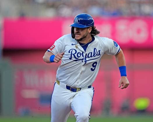 June 13, 2025: Kansas City Royals first base Vinnie Pasquantino (9) runs the bases against the Athletics at Kauffman Stadium Kansas City, Missouri. CSM. Kansas City United States - ZUMAc04_ 20250613_zma_c04_017 Copyright: xJonxRobichaudx