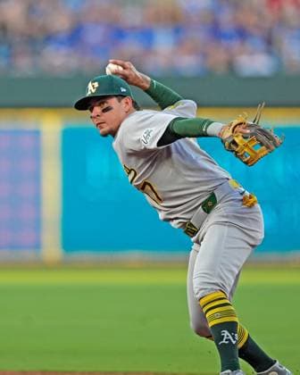 June 13, 2025: Athletics second base Luis UroÂ­as (17) throws across the diamond for an out against the at Kauffman Stadium Kansas City, Missouri. CSM. Kansas City United States - ZUMAc04_ 20250613_zma_c04_026 Copyright: xJonxRobichaudx