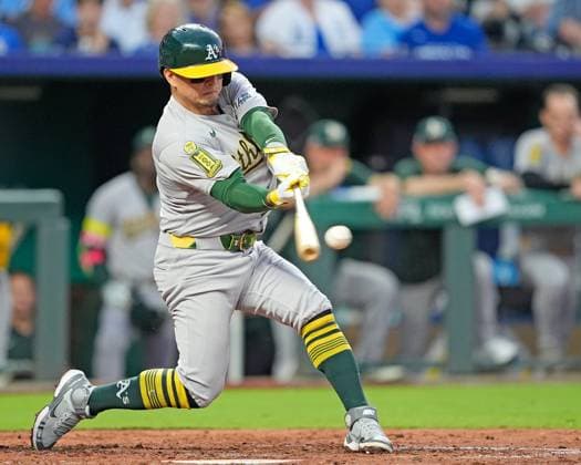 June 13, 2025: Athletics second base Luis UroÂ­as (17) grounds out in the 6th inning against the Royals at Kauffman Stadium Kansas City, Missouri. CSM. Kansas City United States - ZUMAc04_ 20250613_zma_c04_027 Copyright: xJonxRobichaudx