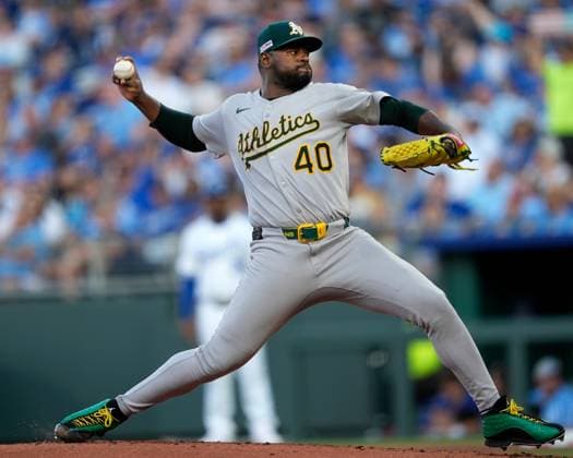 June 13, 2025: Athletics pitcher Luis Severino (40) delivers a pitch against the Royals at Kauffman Stadium Kansas City, Missouri. CSM. Kansas City United States - ZUMAc04_ 20250613_zma_c04_030 Copyright: xJonxRobichaudx