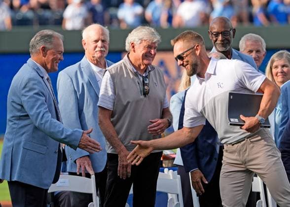 June 13, 2025: Royals Alex Gordon expresses his appreciation to manager Ned Yost and coach Rusty Kuntz during his Hall of Fame indoctrination ceremony against the Athletics at Kauffman Stadium Kansas City, Missouri. CSM. Kansas City United States - ZUMAc04_ 20250613_zma_c04_034 Copyright: xJonxRobichaudx