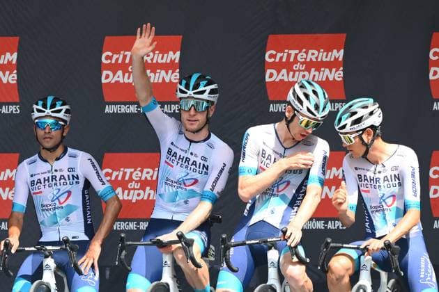 Criterium du Dauphine 2025 Stage 7 VALMEINIER 1800, FRANCE - JUNE 14 : Wright Fred (GBR) of Bahrain - Victorious during stage 7 of the 77th edition of Criterium du Dauphine Libere an UCI World Tour 2.UWT cycling road race stage for Men Elite of 131.6 km with start in Grand-Aigueblanche and finish in Valmeinier 1800 on June 14, 2025 in Valmeinier 1800, France, 14 06 2025 ( Motordriver Kenny Verfaillie - Valmeinier 1800 France  Copyright: xVincentxKalutx