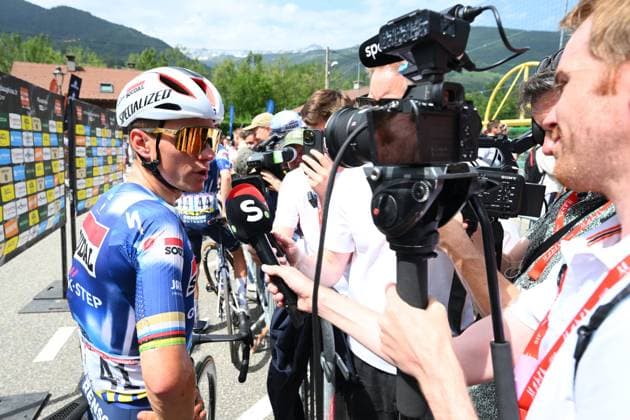 Criterium du Dauphine 2025 Stage 7 VALMEINIER 1800, FRANCE - JUNE 14 : Evenepoel Remco (BEL) of Soudal - Quick Step during stage 7 of the 77th edition of Criterium du Dauphine Libere an UCI World Tour 2.UWT cycling road race stage for Men Elite of 131.6 km with start in Grand-Aigueblanche and finish in Valmeinier 1800 on June 14, 2025 in Valmeinier 1800, France, 14 06 2025 ( Motordriver Kenny Verfaillie - Valmeinier 1800 France  Copyright: xVincentxKalutx