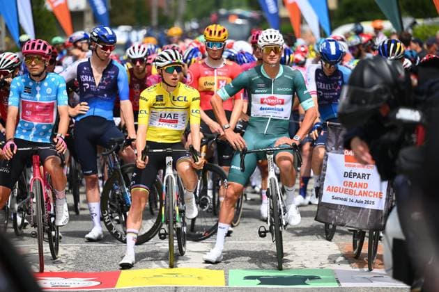 Criterium du Dauphine 2025 Stage 7 VALMEINIER 1800, FRANCE - JUNE 14 : Pogacar Tadej (SLO) of UAE Team Emirates - XRG and Van Der Poel Mathieu (NED) of Alpecin-Deceuninck during stage 7 of the 77th edition of Criterium du Dauphine Libere an UCI World Tour 2.UWT cycling road race stage for Men Elite of 131.6 km with start in Grand-Aigueblanche and finish in Valmeinier 1800 on June 14, 2025 in Valmeinier 1800, France, 14 06 2025 ( Motordriver Kenny Verfaillie - Valmeinier 1800 France  Copyright: xVincentxKalutx