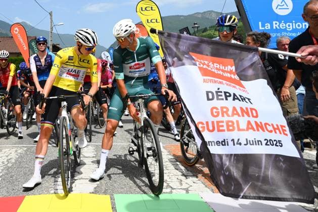 Criterium du Dauphine 2025 Stage 7 VALMEINIER 1800, FRANCE - JUNE 14 : Pogacar Tadej (SLO) of UAE Team Emirates - XRG and Van Der Poel Mathieu (NED) of Alpecin-Deceuninck during stage 7 of the 77th edition of Criterium du Dauphine Libere an UCI World Tour 2.UWT cycling road race stage for Men Elite of 131.6 km with start in Grand-Aigueblanche and finish in Valmeinier 1800 on June 14, 2025 in Valmeinier 1800, France, 14 06 2025 ( Motordriver Kenny Verfaillie - Valmeinier 1800 France  Copyright: xVincentxKalutx