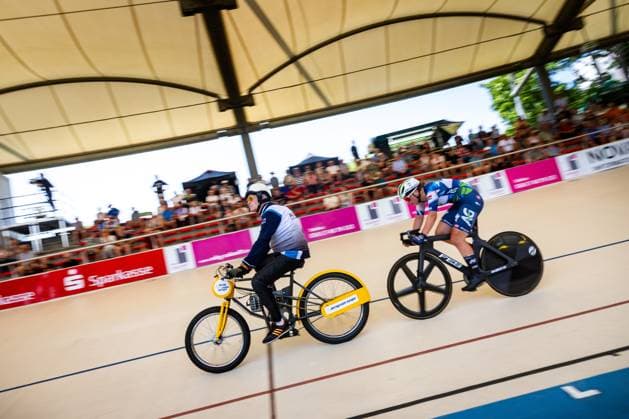 Erfurt , 140625 , Deutsche Meisterschaft Steher & Derny (Finale) im Bild: Derny Frauen Messane Bräutigam mit Schrittmacher Peter Bäuerlein