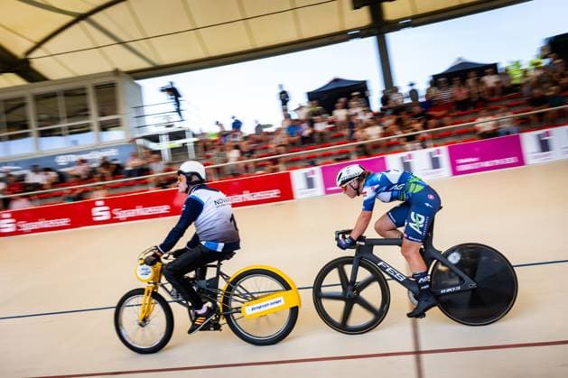 Erfurt , 140625 , Deutsche Meisterschaft Steher & Derny (Finale) im Bild: Derny Frauen Messane Bräutigam mit Schrittmacher Peter Bäuerlein