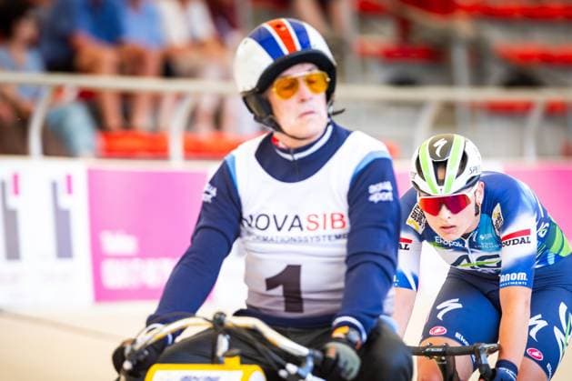 Erfurt , 140625 , Deutsche Meisterschaft Steher & Derny (Finale) im Bild: Derny Frauen Messane Bräutigam mit Schrittmacher Peter Bäuerlein