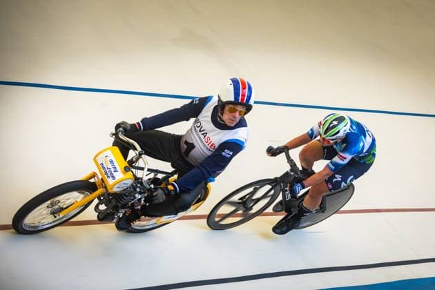 Erfurt , 140625 , Deutsche Meisterschaft Steher & Derny (Finale) im Bild: Derny Frauen Messane Bräutigam mit Schrittmacher Peter Bäuerlein