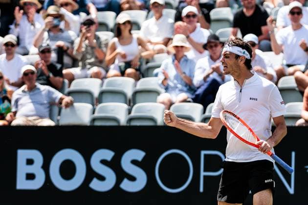BOSS OPEN ATP250; 14.06.2025 Taylor Fritz (USA) jubelt nach dem Sieg im Match gegen Felix Auger-Aliassime (CAN) BOSS OPEN ATP250; Stuttgart, Tennisclub Weissenhof am 14.06.2025 Copyright: xBEAUTIFULxSPORTS Wunderlx