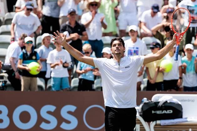 BOSS OPEN ATP250; 14.06.2025 Taylor Fritz (USA) jubelt nach dem Sieg im Match gegen Felix Auger-Aliassime (CAN) BOSS OPEN ATP250; Stuttgart, Tennisclub Weissenhof am 14.06.2025 Copyright: xBEAUTIFULxSPORTS Wunderlx