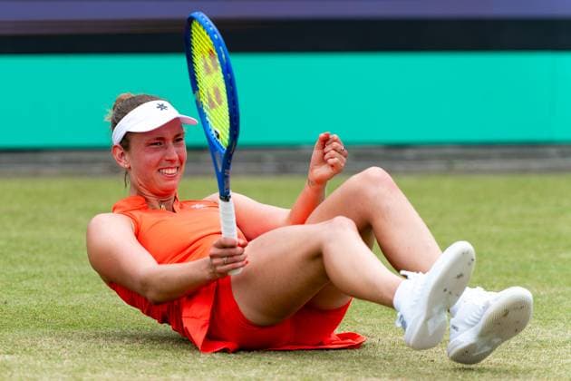 2025-06-14 2025 Libema Open Grass Court Championships ROSMALEN, NETHERLANDS - JUNE 14: Elise Mertens of Belgium reacts during Day Six of 2025 Libema Open Grass Court Championships at Autotron on June 14, 2025 in Rosmalen, Netherlands. Rosmalen Autotron Netherlands Content not available for redistribution in The Netherlands directly or indirectly through any third parties. Copyright: xJorisxVerwijstx