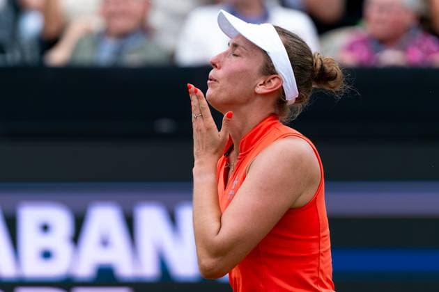 2025-06-14 2025 Libema Open Grass Court Championships ROSMALEN, NETHERLANDS - JUNE 14: Elise Mertens of Belgium reacts during Day Six of 2025 Libema Open Grass Court Championships at Autotron on June 14, 2025 in Rosmalen, Netherlands. Rosmalen Autotron Netherlands Content not available for redistribution in The Netherlands directly or indirectly through any third parties. Copyright: xJorisxVerwijstx