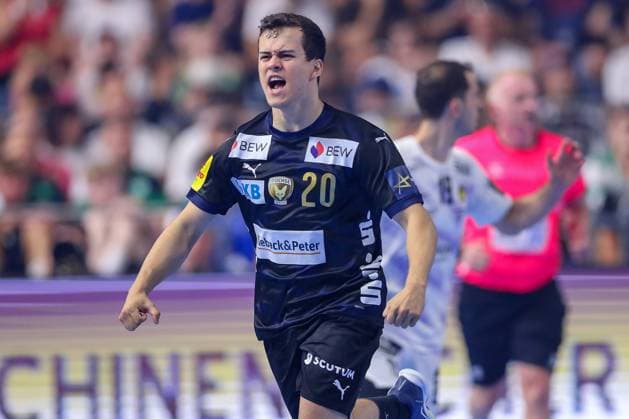14.06.2025, Handball, Halbfinale TruckScout24 EHF FINAL4, LANXESS arena Köln, Füchse Berlin - HBC Nantes: Tim Freihöfer (Fuechse Berlin 20) jubelnd Nordrhein-Westfalen Deutschland