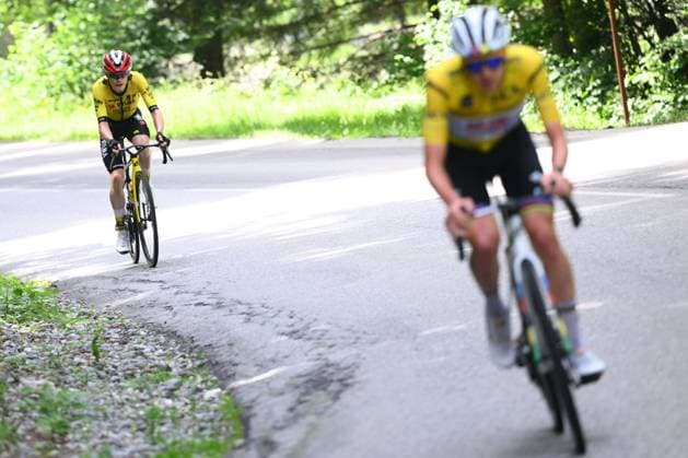 Criterium du Dauphine 2025 Stage 7 VALMEINIER 1800, FRANCE - JUNE 14 : escape of Pogacar Tadej (SLO) of UAE Team Emirates - XRG in front of Vingegaard Jonas (DEN) of Team Visma - Lease a Bike during stage 7 of the 77th edition of Criterium du Dauphine Libere an UCI World Tour 2.UWT cycling road race stage for Men Elite of 131.6 km with start in Grand-Aigueblanche and finish in Valmeinier 1800 on June 14, 2025 in Valmeinier 1800, France, 14 06 2025 ( Motordriver Kenny Verfaillie - Valmeinier 1800 France  Copyright: xVincentxKalutx
