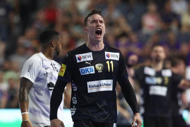 14.06.2025, xtgx, Handball, EHF Champions League Halbfinale 1, Füchse Berlin - HBC Nantes v.l. Lasse Bredekjaer Andersson (Berlin, 11) Jubel, Torjubel, jubelt ueber das Tor, celebrate the goal, celebration Koeln