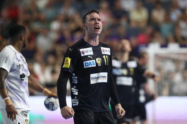14.06.2025, xtgx, Handball, EHF Champions League Halbfinale 1, Füchse Berlin - HBC Nantes v.l. Lasse Bredekjaer Andersson (Berlin, 11) Jubel, Torjubel, jubelt ueber das Tor, celebrate the goal, celebration Koeln