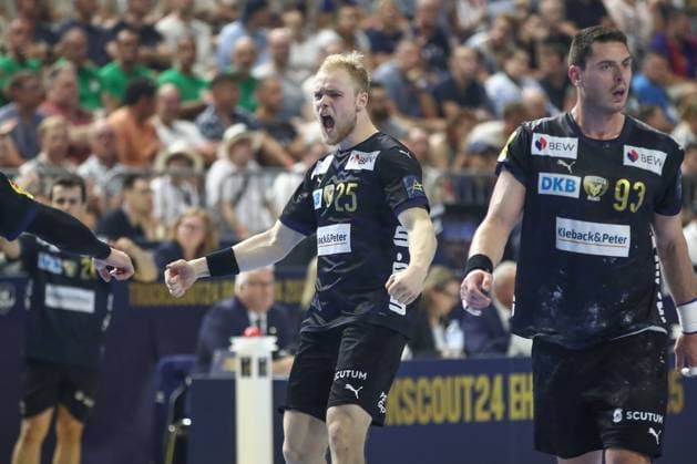 14.06.2025, xgox, Handball - EHF Champions League - Halbfinale 1 Fuechse Berlin - HBC Nantes emspor, v.l. Matthes Langhoff (Berlin, 25) Jubel, Torjubel, jubelt ueber das Tor, celebrate the goal, celebration Koeln